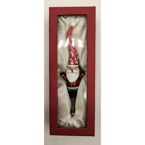 Hand Blown Glass Santa Claus Wine Bottle Stopper Red Polka Dot Hat & Gift Box - Picture 2 of 5